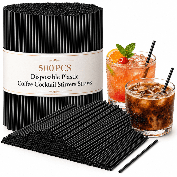 Tarvako 500Pcs Black Disposable Drinking Straws, 5.12’’ Coffee Stir Sticks, 0.16‘’ Diameter Plastic Coffee Stirrers, Short Straws for Bar, Cafe, Club, Kitchen, Party, Martini, Margarita and Whiskey