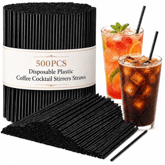 Tarvako 500Pcs Black Disposable Drinking Straws, 8.27’’ Straight Flat Straw, 0.16‘’ Diameter Plastic Coffee Stirrers for Kitchen, Bar, Club, Drinks, Milk, Soda, Party, Whiskey