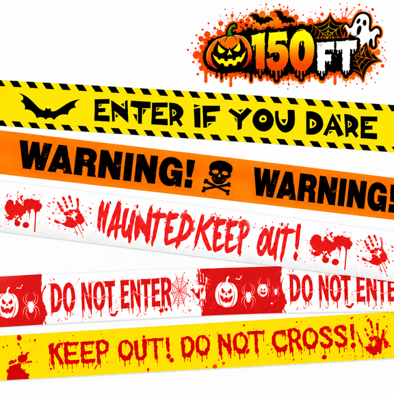 Tarvako 5Pcs Halloween Fright Tape Bundle, Halloween Decorations, 3in x 150ft Caution Tape Halloween Party Decorations, Halloween Fright Warning Tape for Haunted Houses, Party, Door, Danger Areas