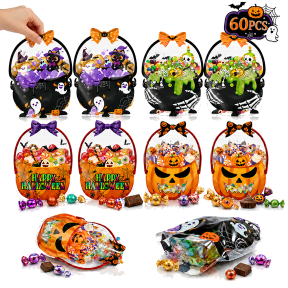 Tarvako 60Pcs Halloween Candy Gift Bags, Plastic Halloween Goodie Bags with Handles, Sealed Pouch Sealing Treat Candy Pouch for Scary Holiday Party Candy Gift Supplies Decor