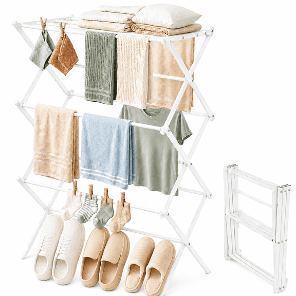 Tarvako Foldable Clothes Drying Rack, Collapsible 3-Tier Laundry Drying Rack, Expandable Metal Space-Saving Laundry & Towel Rack for Indoor & Outdoor, 28.7" D x 14.9" W x 35.4" H
