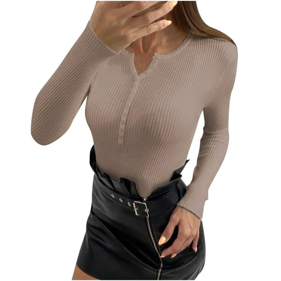 Tarylea Going out Tops for Women Ribbed Knitted Button down Tops Slim Fitted V Neck Shirts Casual Cute Date Shirts