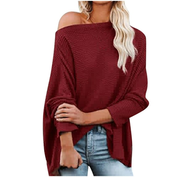 Tarylea Knitted Tops for Women off Shoulder Solid Color Tops Long Sleeve Loose Oversized Pullover Fall Casual Wear