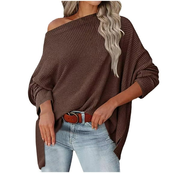 Tarylea Knitted Tops for Women off Shoulder Solid Color Tops Long Sleeve Loose Oversized Pullover Fall Casual Wear