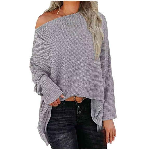 Tarylea Knitted Tops for Women off Shoulder Solid Color Tops Long Sleeve Loose Oversized Pullover Fall Casual Wear