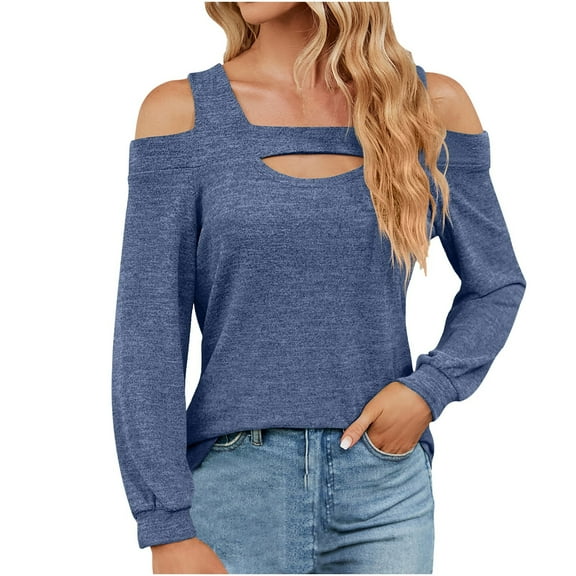 Tarylea Off Shoulder Tops for Women Square Neck Front Keyhole Tops Long Sleeve Patchwork Shirts Loose Casual Wear