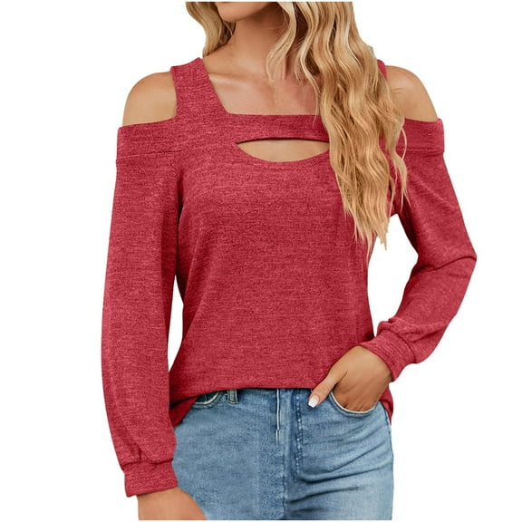 Tarylea Off Shoulder Tops for Women Square Neck Front Keyhole Tops Long Sleeve Patchwork Shirts Loose Casual Wear