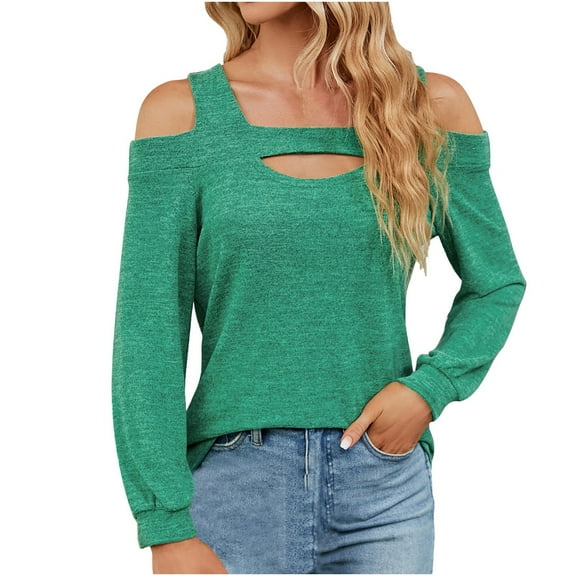 Tarylea Off Shoulder Tops for Women Square Neck Front Keyhole Tops Long Sleeve Patchwork Shirts Loose Casual Wear