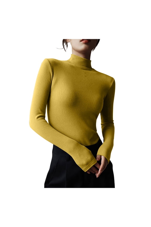 Ribbed Tops for Women Half High Neck Thick Fleece Lined Tops Long Sleeve Slim Fitted Shirts Comfy Casual Wear
