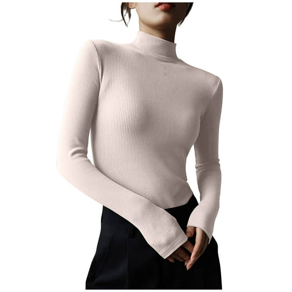 Tarylea Ribbed Tops for Women Half High Neck Thick Fleece Lined Tops Long Sleeve Slim Fitted Shirts Comfy Casual Wear