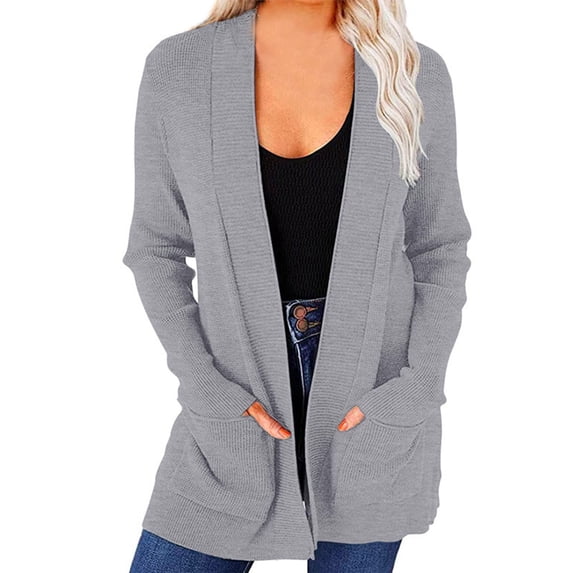 Tarylea Tops for Women Ribbed Knitted V Neck Cardigan with Pockets Long Sleeve Solid Color Sweater Loose Casual Wear