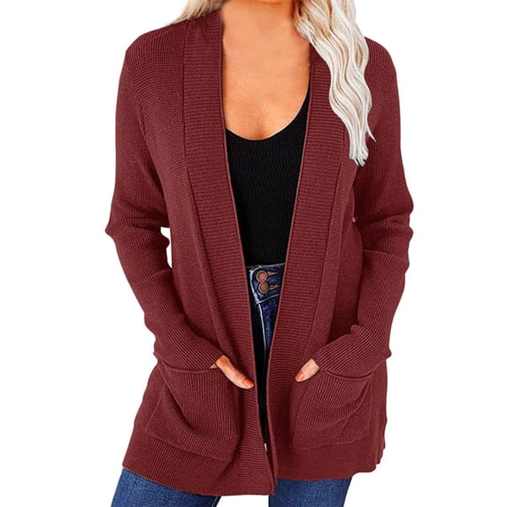 Tarylea Tops for Women Ribbed Knitted V Neck Cardigan with Pockets Long Sleeve Solid Color Sweater Loose Casual Wear