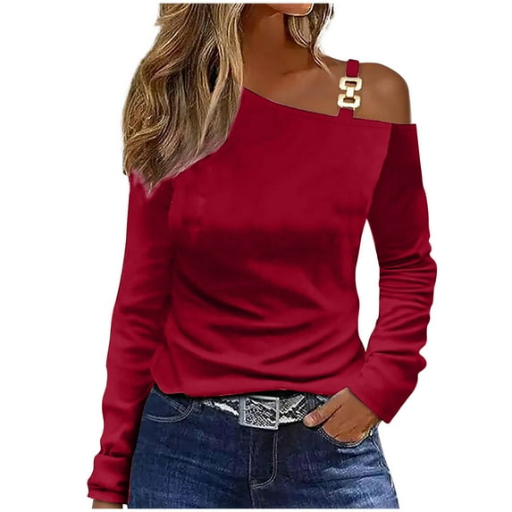 Tarylea Trendy Tops for Women off Shoulder Long Sleeve Shirts Mental Buckle Strap Loose Tops Casual Wear Shirts