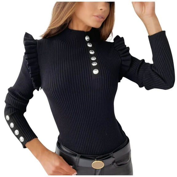 Tarylea Women's Trendy Tops Ribbed Ruffled Long Sleeve Tops Half High Neck Chest Button Shirts Slim Fitted Casual Wear