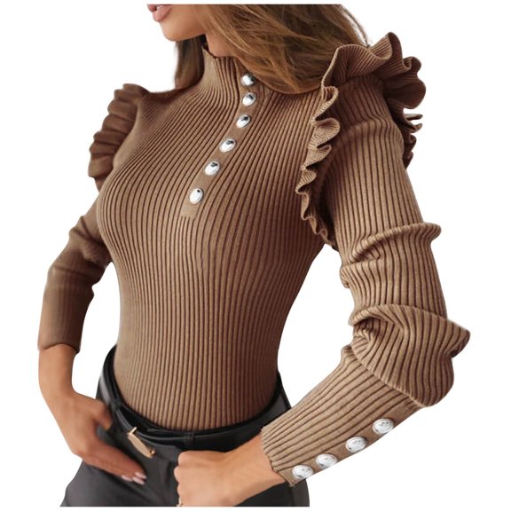 Tarylea Women's Trendy Tops Ribbed Ruffled Long Sleeve Tops Half High Neck Chest Button Shirts Slim Fitted Casual Wear