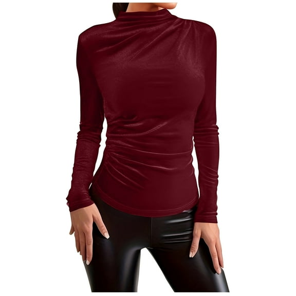 Tarylea Women's Trendy Tops Velour Half High Neck Shirts Solid Color Long Sleeve Fitted Tops Casual Wear Dailywear