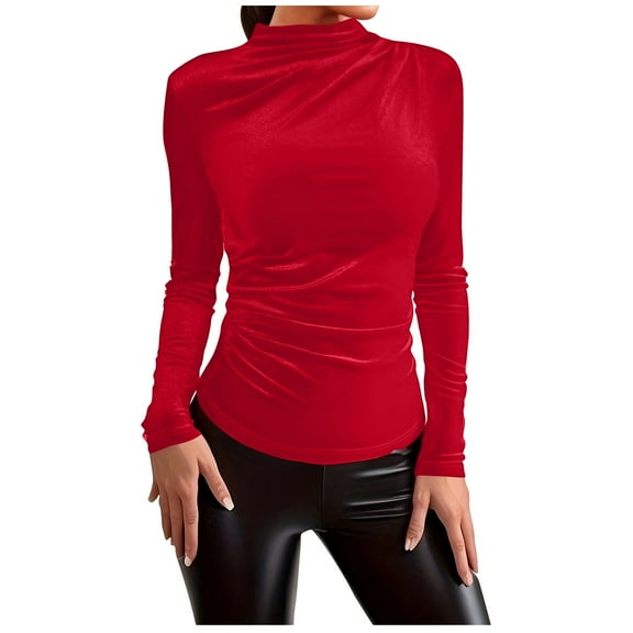 Tarylea Women's Trendy Tops Velour Half High Neck Shirts Solid Color Long Sleeve Fitted Tops Casual Wear Dailywear