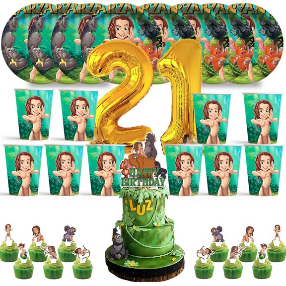 Tarzan Birthday 21th Cups Party Supplies Plates Fans Decorations Cake Topper Decor