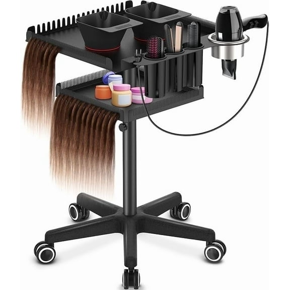 Tasalon 2-Tier Storage Professional Magnetic Stand Salon Tray with Wheels, Adjustable Height Hair Dryer, Black