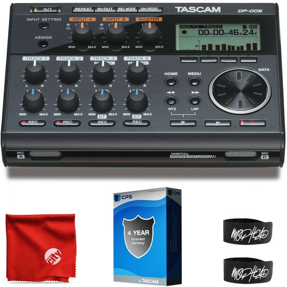 Tascam DP-006 6-Track Digital Pocketstudio Multi-Track Audio Recorder with 4-Year Full Coverage Extended Warranty, 2x Cable Ties and Microfiber Cloth