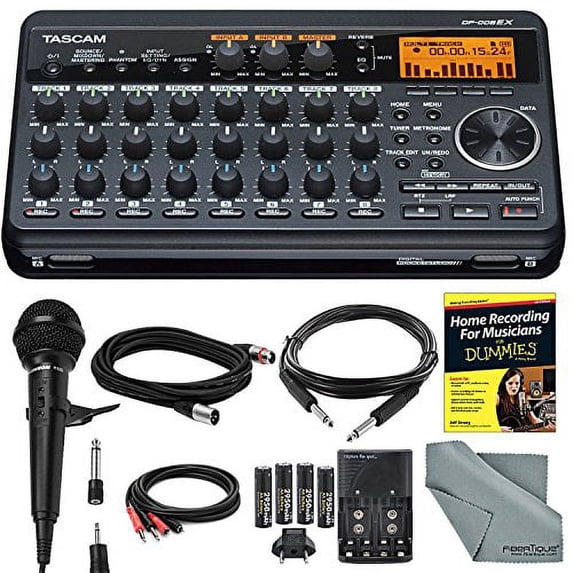 Tascam DP-008EX 8-Track Digital Pocketstudio and Deluxe Bundle with Home Recording for Musician's Guide + Handheld Mic + FibertTique cloth and More