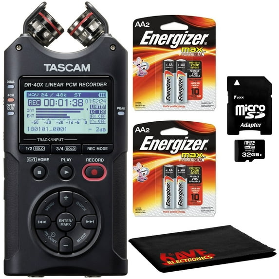 Tascam DR-40X 4-Channel 4-Track Audio Recorder + AA Batteries + 32GB SD + More
