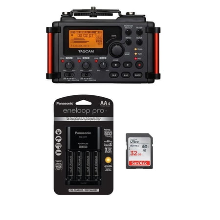 Tascam DR-60D MKII Portable Recorder for DSLR - Bundle With 32GB SDHC Card, Panasonic Charger with 4 Pro Eneloop AA Size Batteries