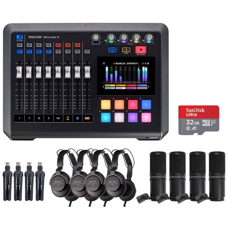 Tascam Mixcast 4 Podcast Station with Built-in Recorder/USB Audio Interface (MIXCAST4) Bundle with 4x Zoom ZDM-1 Podcast Mic Pack and 32GB microSDHC Memory Card