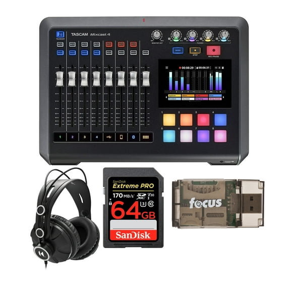 Tascam Mixcast 4 Podcast Station Bundle with Headphones, 64GB Card and SD Reader