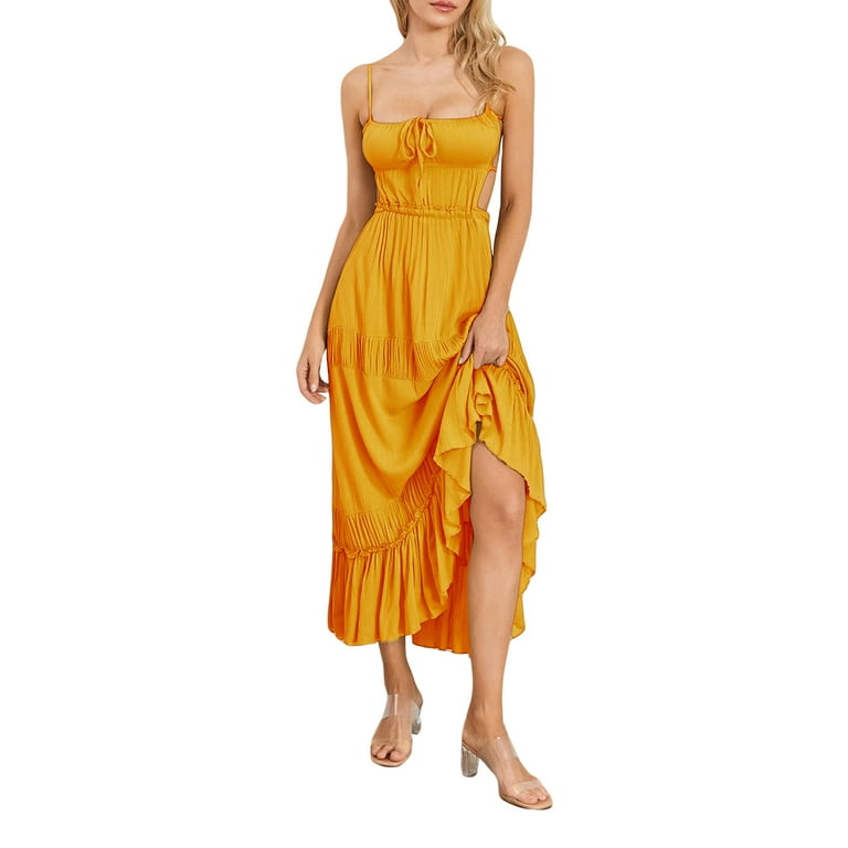 Casual Floral Print Backless Ruffle Slit V Neck A Line Dresses