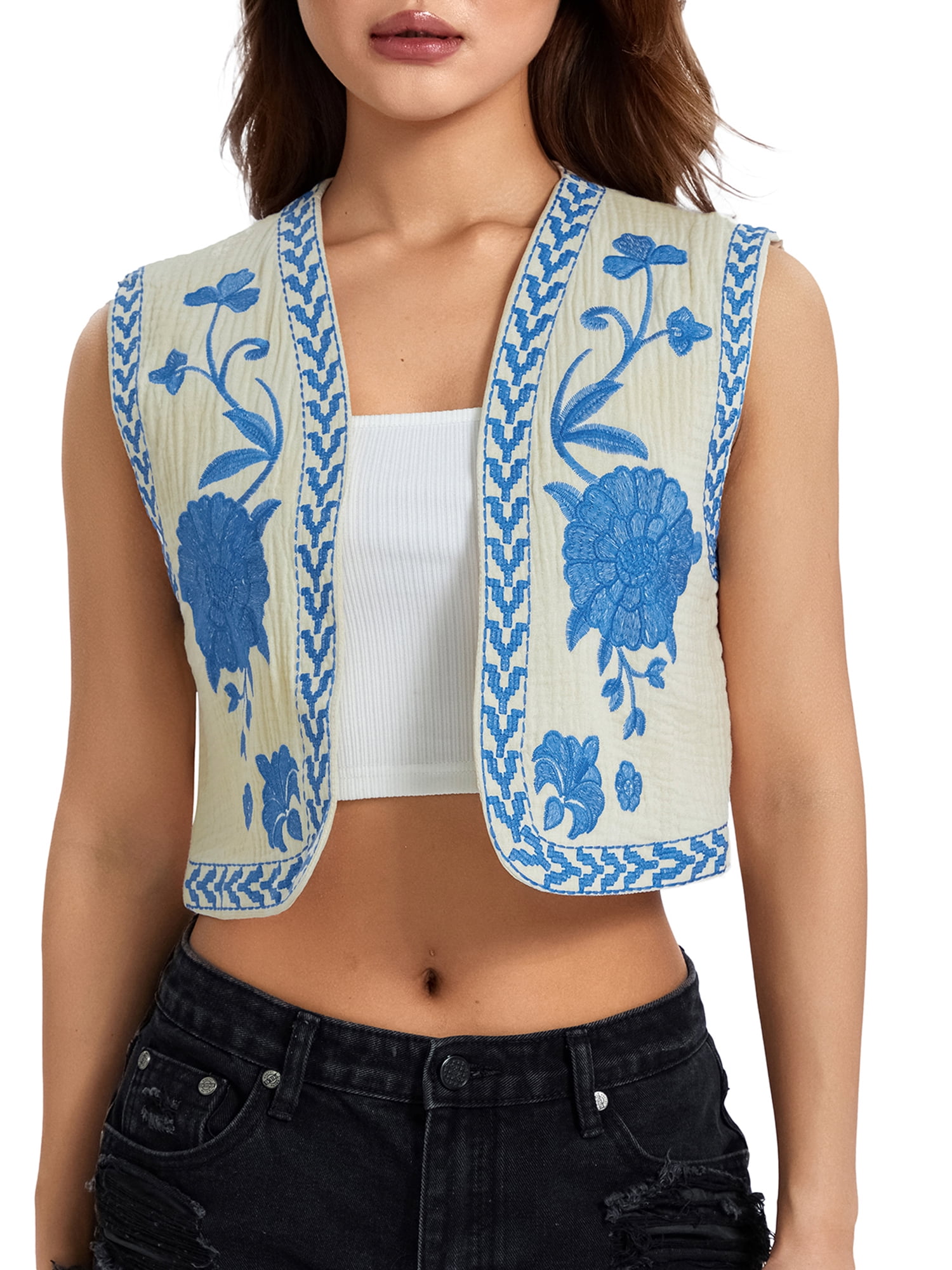 Tasdouyy Women Embroidered Vest Top Y2k Vintage Open Front Floral Boho ...
