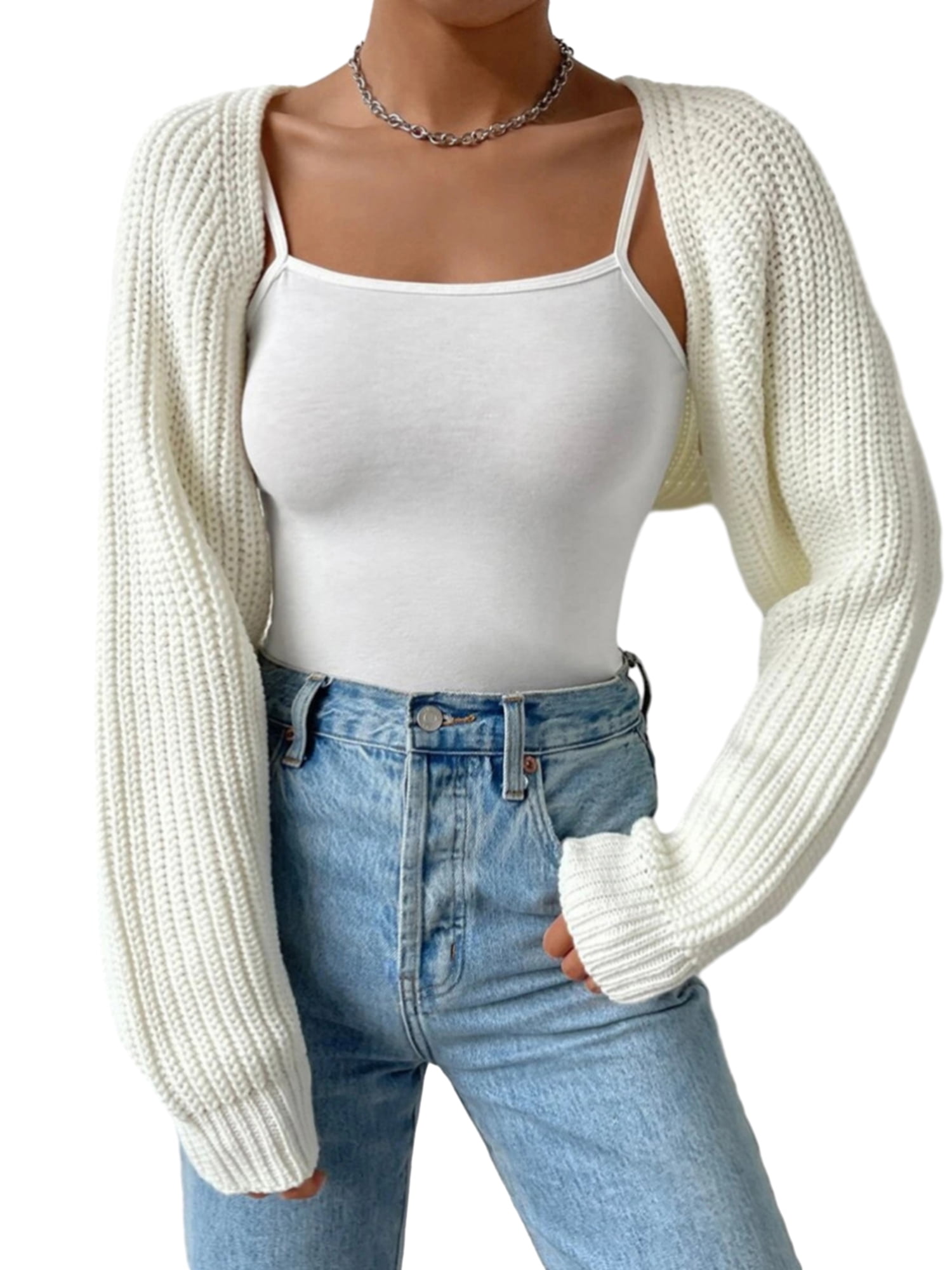 Tasdouyy Women's Open Front Cropped Cardigan Solid Color Long Sleeve