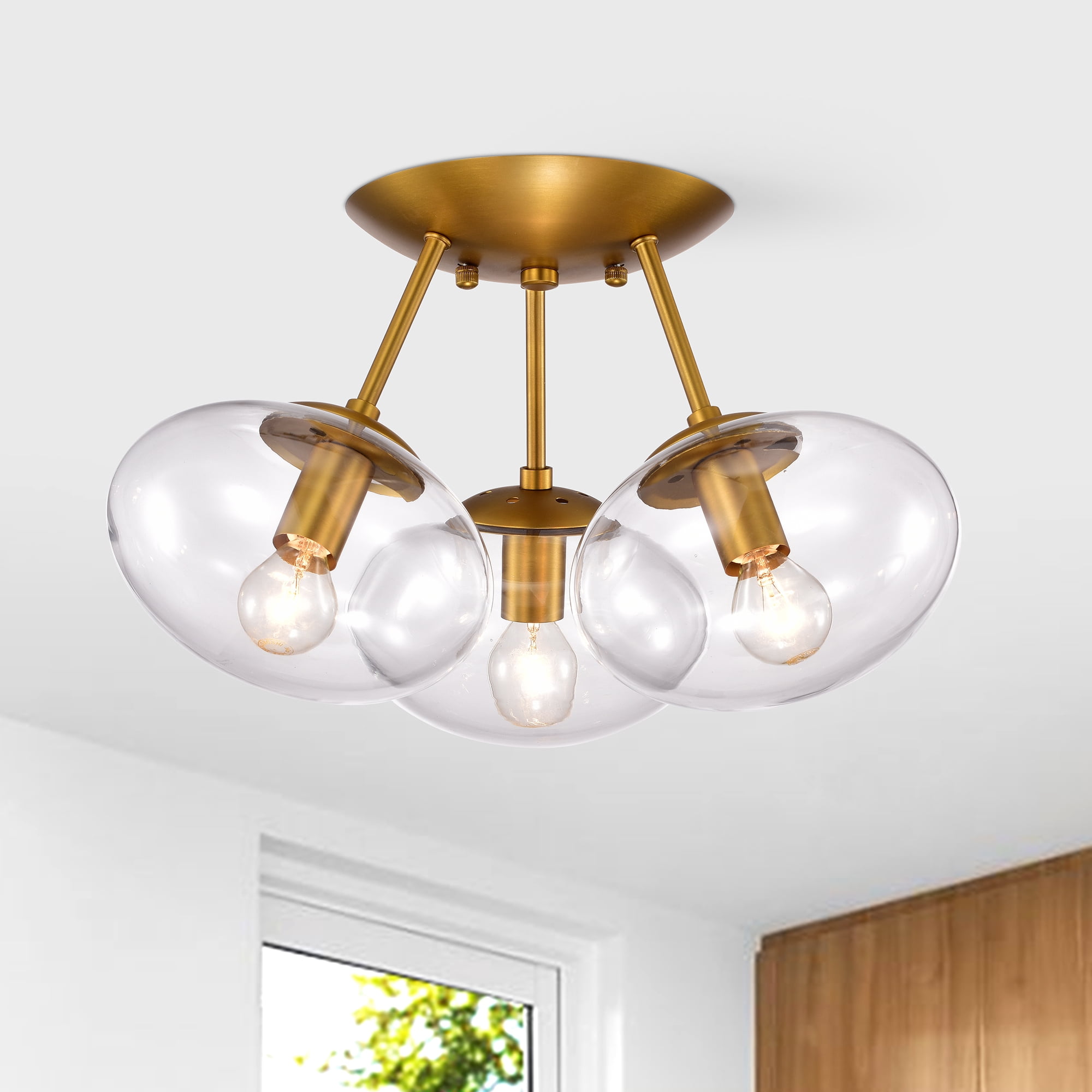 Tashan Aged Brass 3-Light Globe Clear Glass Shade Semi-Flush Mount