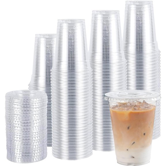 TashiBox 16oz-100 Count Plastic cups with flat lids | Disposable Plastic Ice coffee Cups to go | Crystal Clear