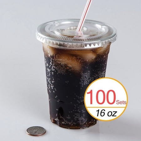 TashiBox Disposable Plastic Cups with Flat Lids, 100 Sets, 16 oz, Crystal Clear