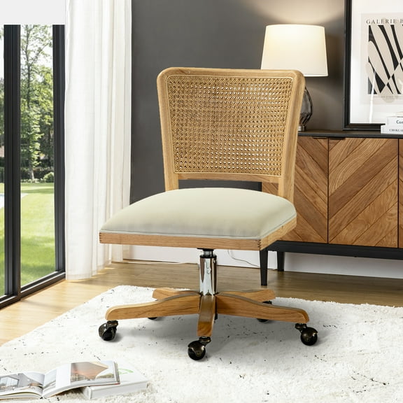 Task Chair Rattan Back, Tina's Home Swivel Adjustable Wood Leg Living Room Office Adult Beige