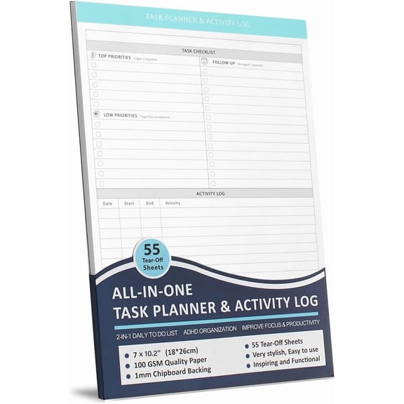 Task Priority Planner & Activity Log Notepad for  Focus - 55 -Off Sheets (7x10.2in) | Hourly Time , Daily  for Office Work, Project Management & Boosting Productivity