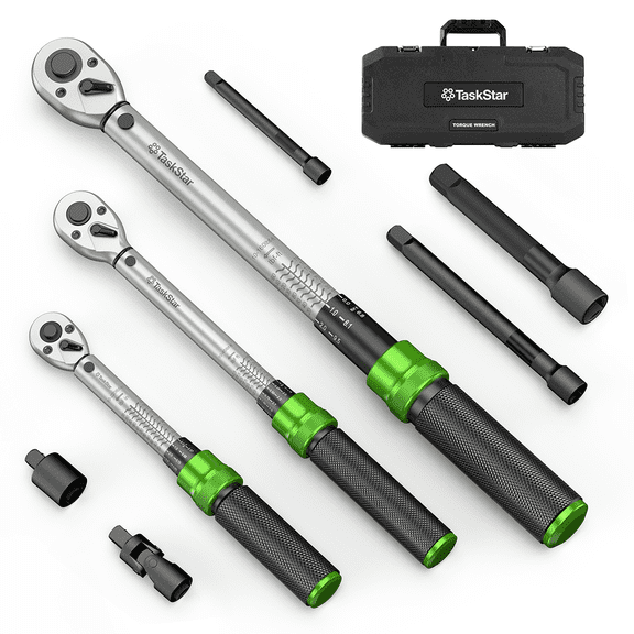 TaskStar 1/4 3/8 1/2-inch Drive Click Torque Wrench Set, Precision Torque Tool 45-221in.lb, 7-45ft.lb, 30-160ft.lb with Adapters, 72-Tooth Dual Scale