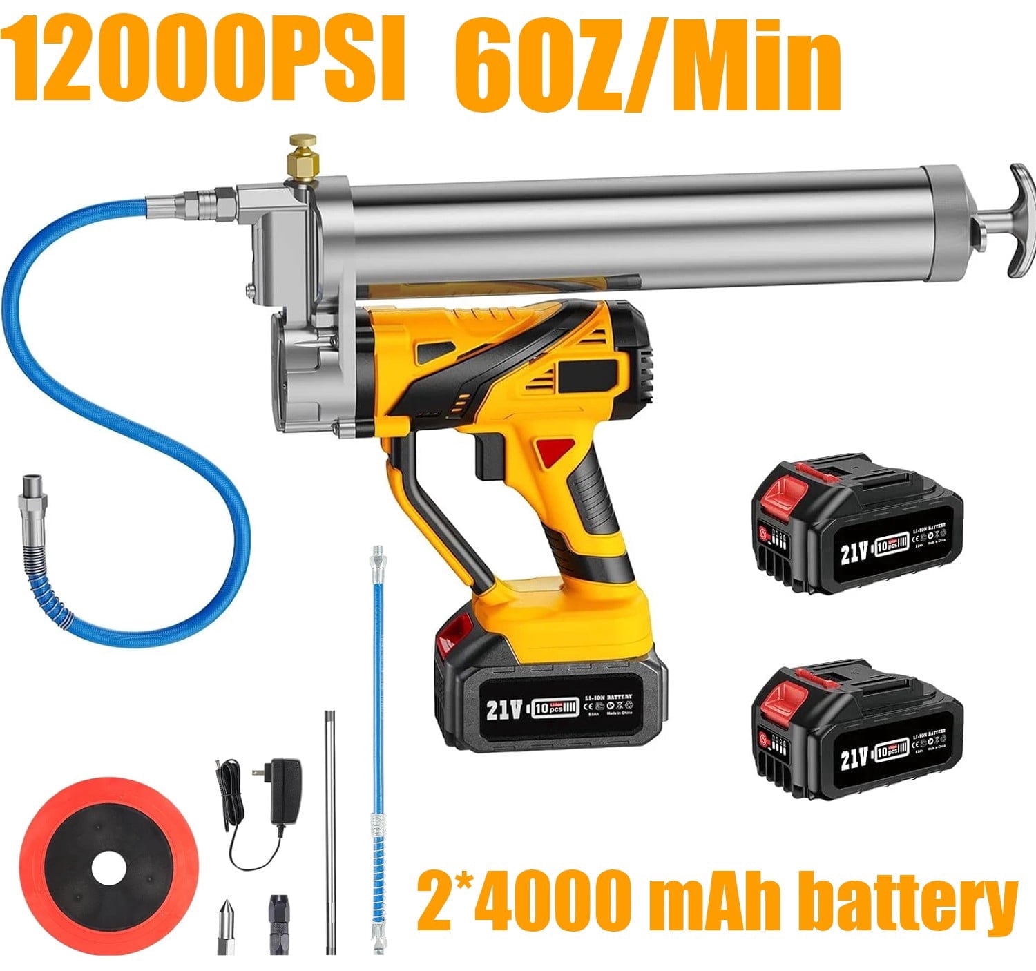TaskStar 12,000 PSI Electric Grease Gun, Powerful Grease Gun Kit 6 oz/min Flow Rate  Battery Power Grease Gun, Cordless Grease Gun with 2*4000 mAh Batteries