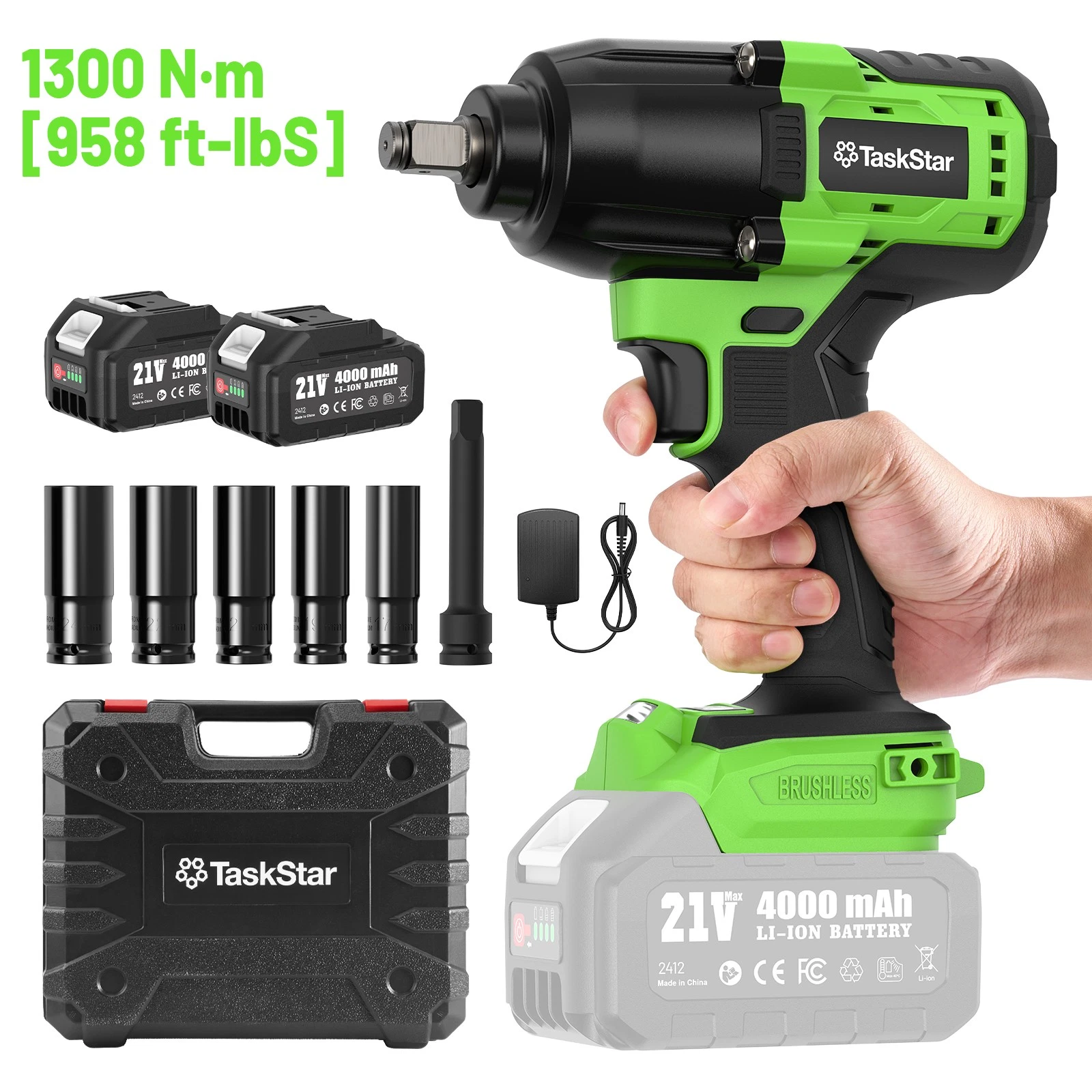 TaskStar 1300N·m (958ft-lbs) Cordless Brushless Impact Wrench 1/2" Kit, 2-Speed 0-3200RPM w/ 2x4.0Ah, Heavy Duty Electric Impact Gun for Automotive