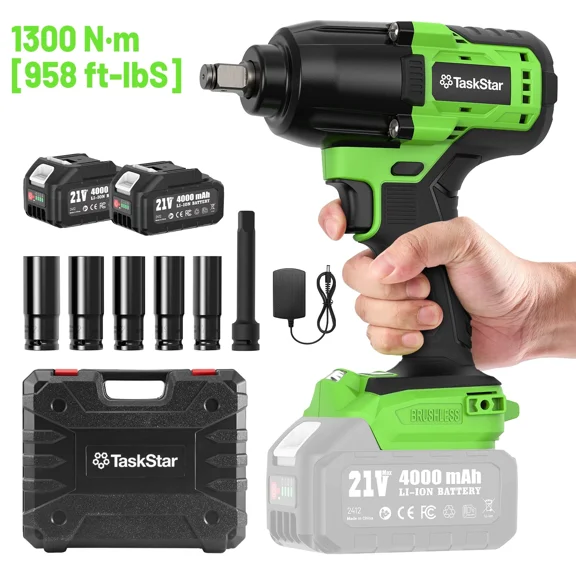 TaskStar 1300Nm (958ft-lbs) Cordless Brushless Impact Wrench 1/2" Kit, 2-Speed 0-3200RPM w/ 2x4.0Ah, Heavy Duty Electric Impact Gun for Automotive