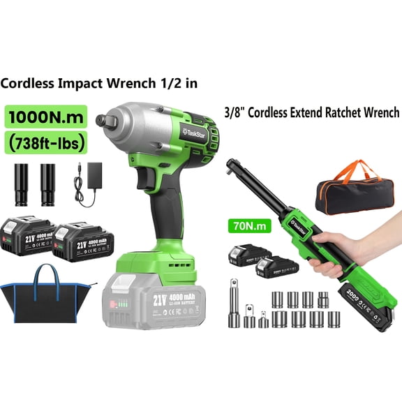 TaskStar 2-Tool Combo: 1/2" Brushless Impact Wrench 738 ft-lbs & 3/8" Extended Ratchet 52 ft-lbs with 4 Batteries, Fast Chargers, 10-Piece Socket Set