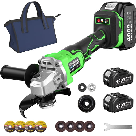 TaskStar 21V Cordless Angle Grinder, 2x4.0Ah Battery & Charger, 10000RPM Brushless Motor, Power Angle Grinder with Cutting & Grinding Wheels, Flap Discs for Wood Metal & Rust Removal