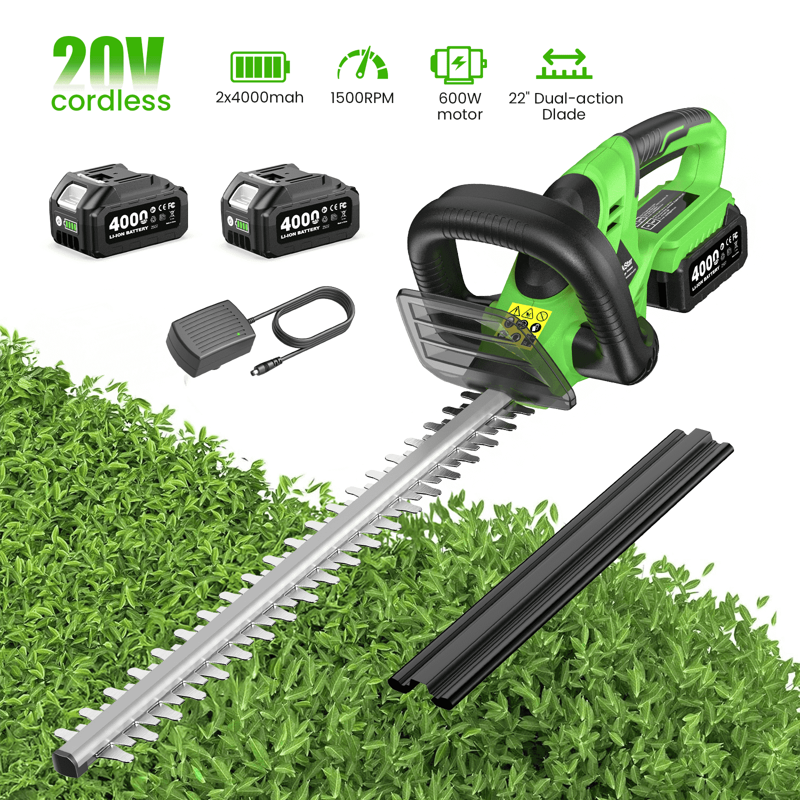 TaskStar 22in Cordless Hedge Saw Electric Bush Trimmer ,2*4.0Ah Battery+Charger , 5/8" Cutting, Handheld Shrub & Trimming Cutter