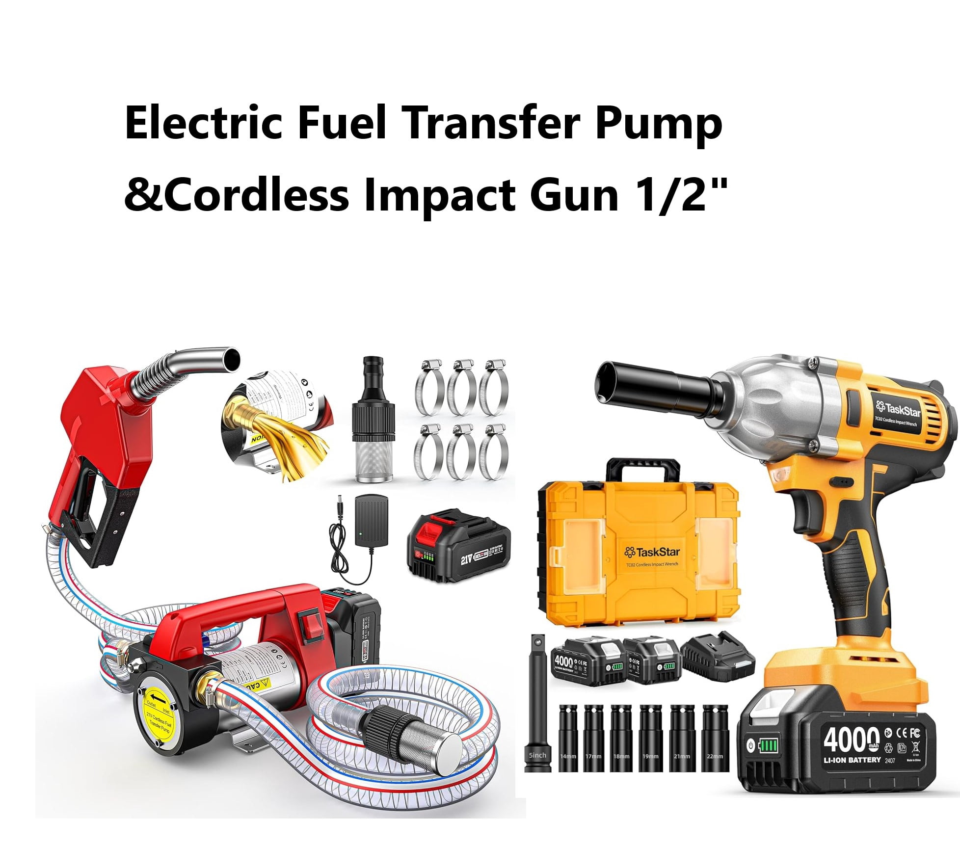 TaskStar 2PCS Combo Kit 1200N·m 1/2" Brushless Impact Wrench & 12GPM Cordless Fuel Transfer Pump, 21V with 3 Batteries for Car Truck RV Repair