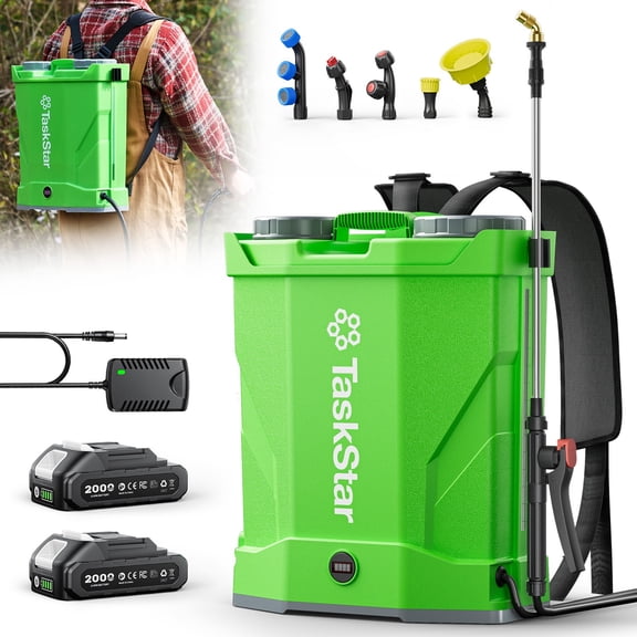 TaskStar 4 Gallon Battery Powered Electric Backpack Sprayer ,2*2000mAh Batteries,100 PSI,32" Wand, 6 Nozzles for Lawn Garden Weed Pest Control & Fertilizing