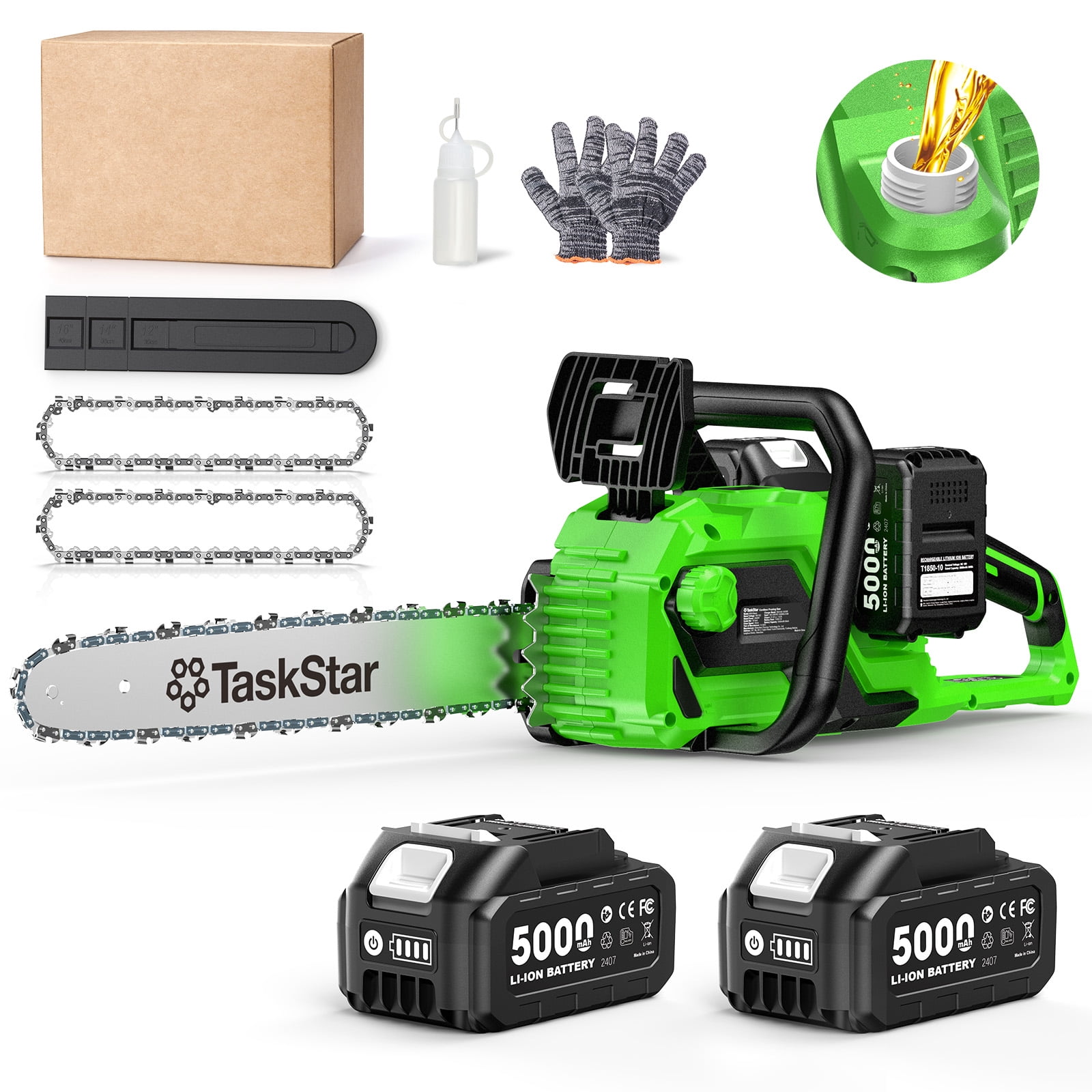 TaskStar 40V 16In Cordless Chainsaw Brushless Electric  Pruning Saws , 2×5.0Ah Batteries & Charger,Auto Oiling, for Tree Trimming Wood Cutting