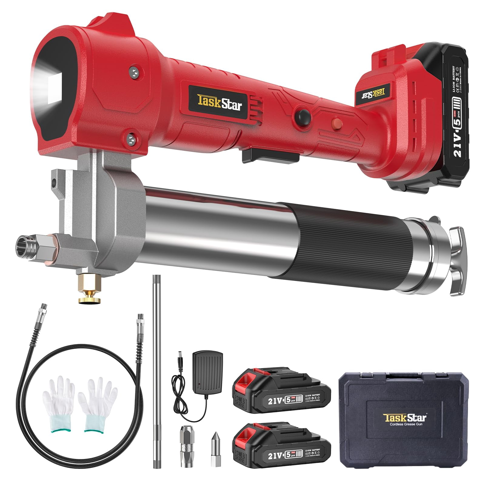 TaskStar Grease Gun with Lock-On Trigger for Effortless Greasing, Cordless Electric Grease Gun Kit, 2 Batteries, 40" Hose & LED Light, 14 oz Capacity for Tractor, Truck & Equipment Maintenance