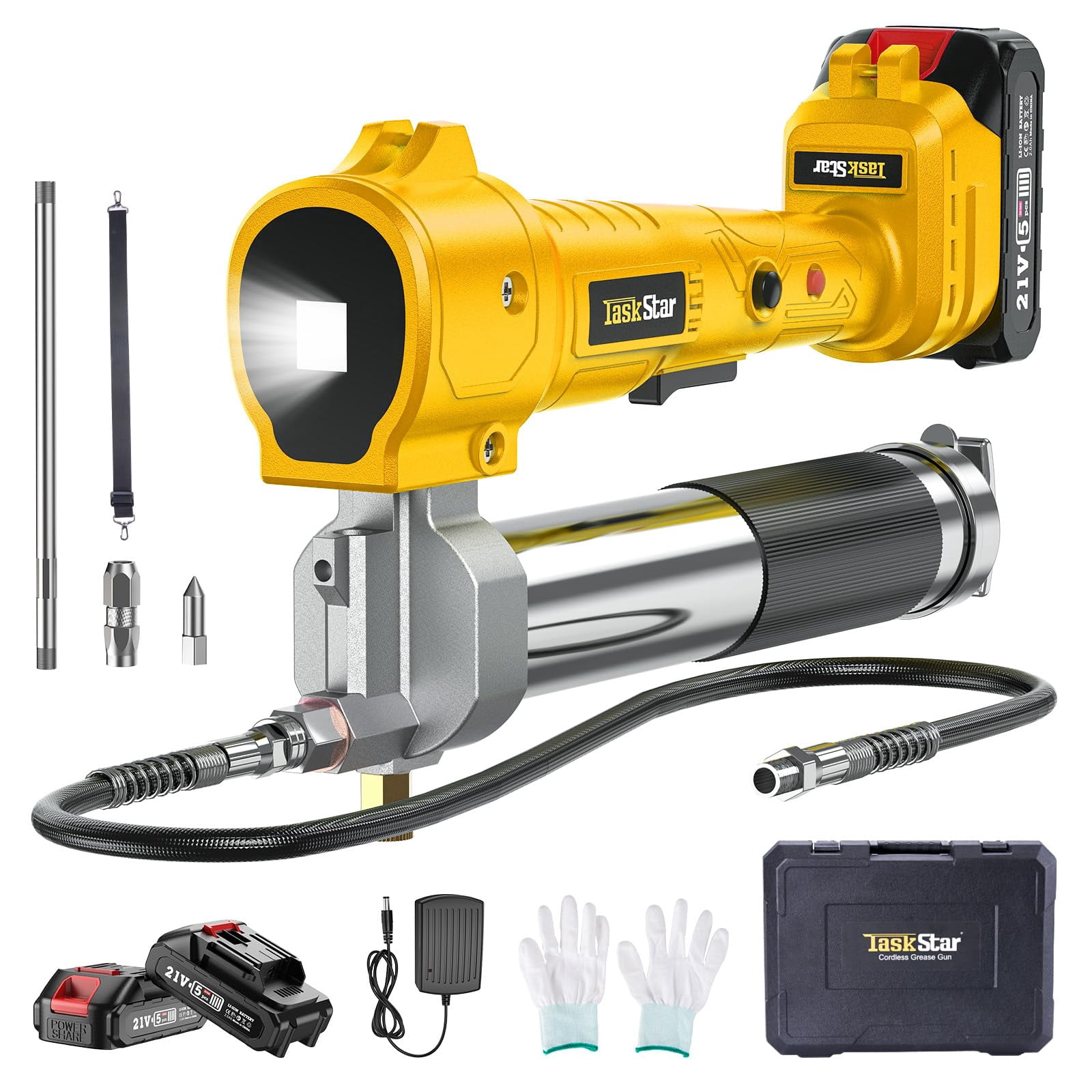 TaskStar Grease Gun with Lock-On Trigger for Effortless Greasing, Cordless Electric Grease Gun Kit, 2 Batteries, 40" Hose & LED Light, 14 oz Capacity for Tractor, Truck & Equipment Maintenance