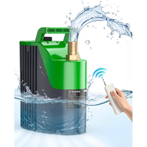 TaskStar Portable Battery Operated Utility Transfer Pump, Wireless Remote, 30FT Vertical Lift, 60Min Run Time, Shallow Water Drainage for Multi-Scene Use